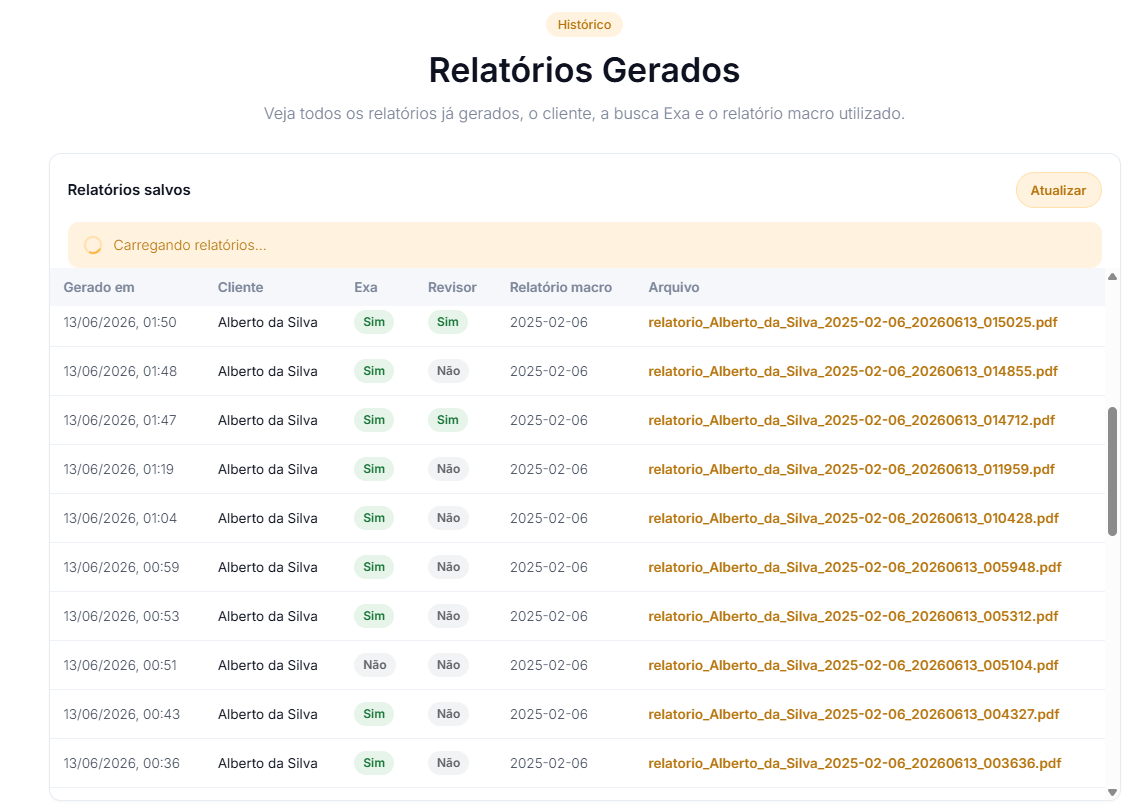 Tela de relatórios gerados com histórico