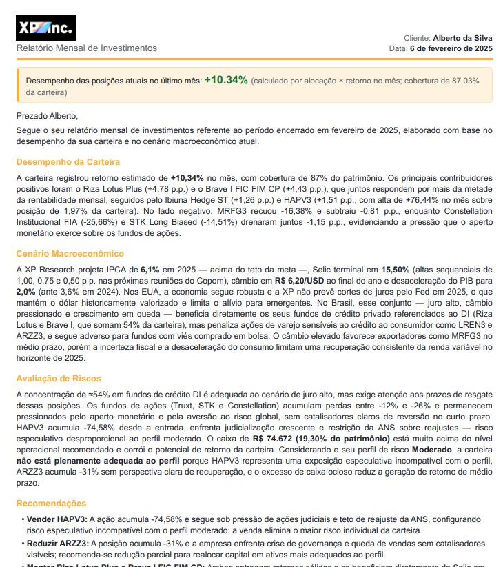 Tela de geração de relatório mensal no EnterInvestAI